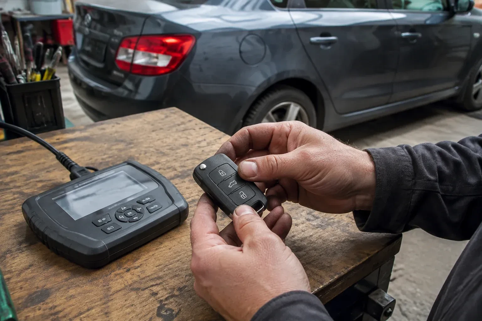 Hands holding a black car key fob above a workbench, beside a wired handheld device with a screen. — Car Key Replacement, London