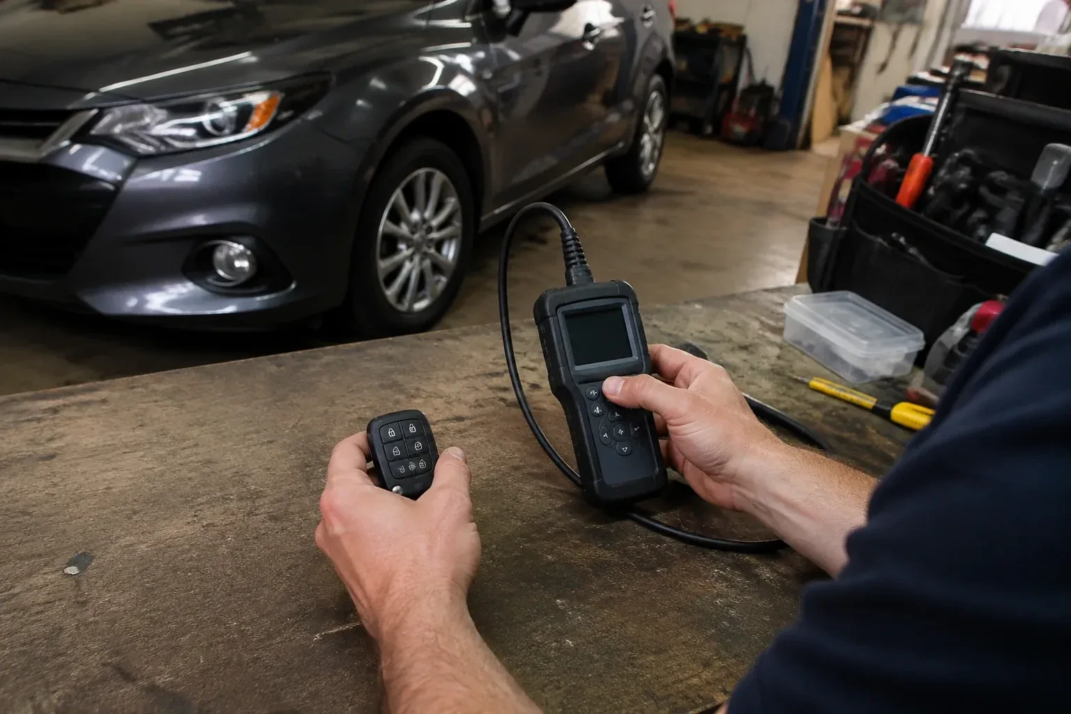 Hands holding a car-key fob and a small wired electronic device above a workbench in a garage with a parked car. — Key Fob Programming, London