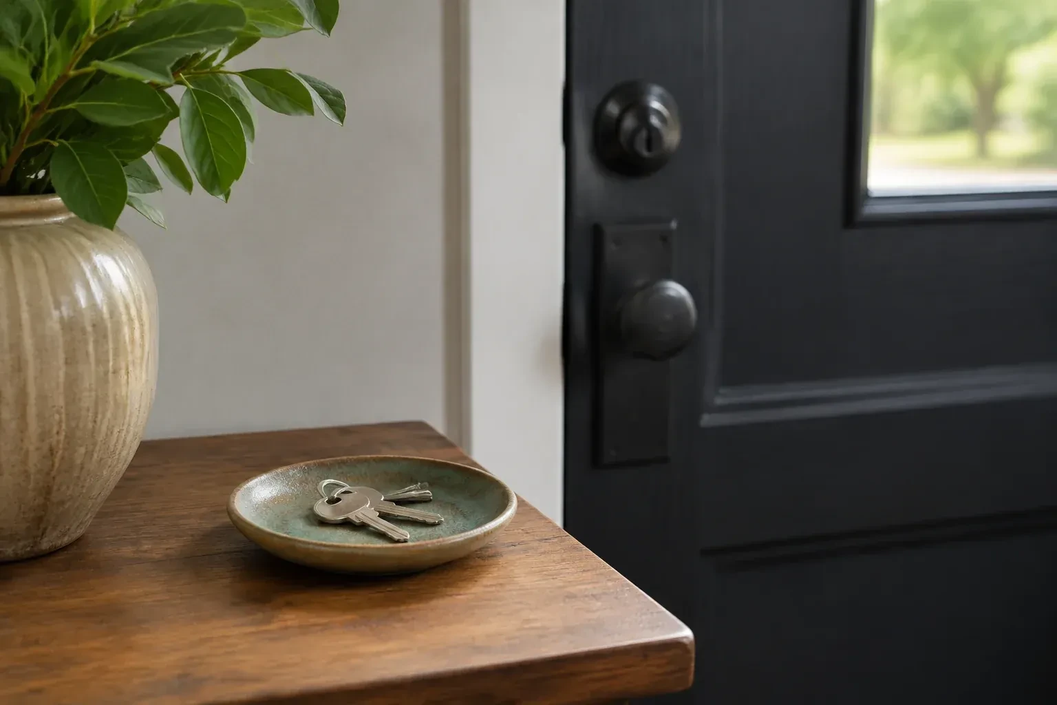 Ceramic dish holding keys on a wooden table beside a leafy vase, with a black door, deadbolt and knob behind.