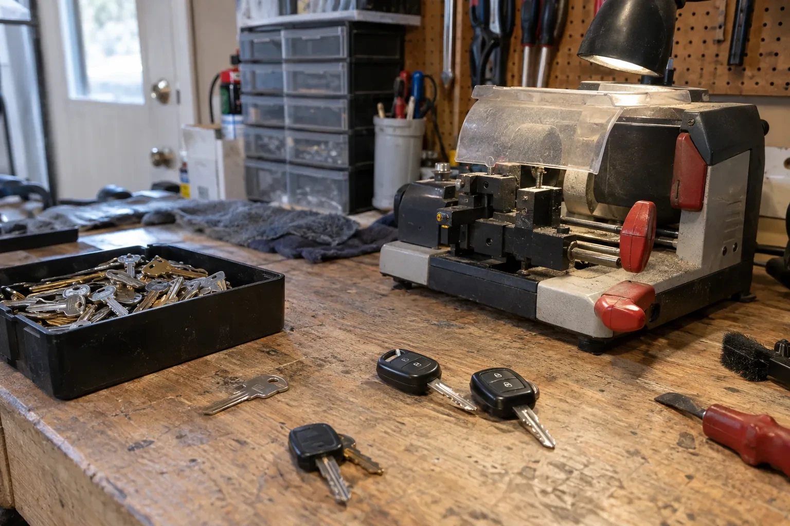 Key-cutting machine with red handles on a worn wooden bench beside a tray of loose keys, key fobs and a screwdriver.