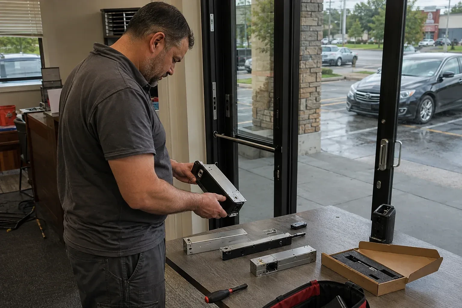 Person holding a rectangular door-hardware housing at a table with additional metal assemblies beside a glass entrance. — Access Control Installation, London