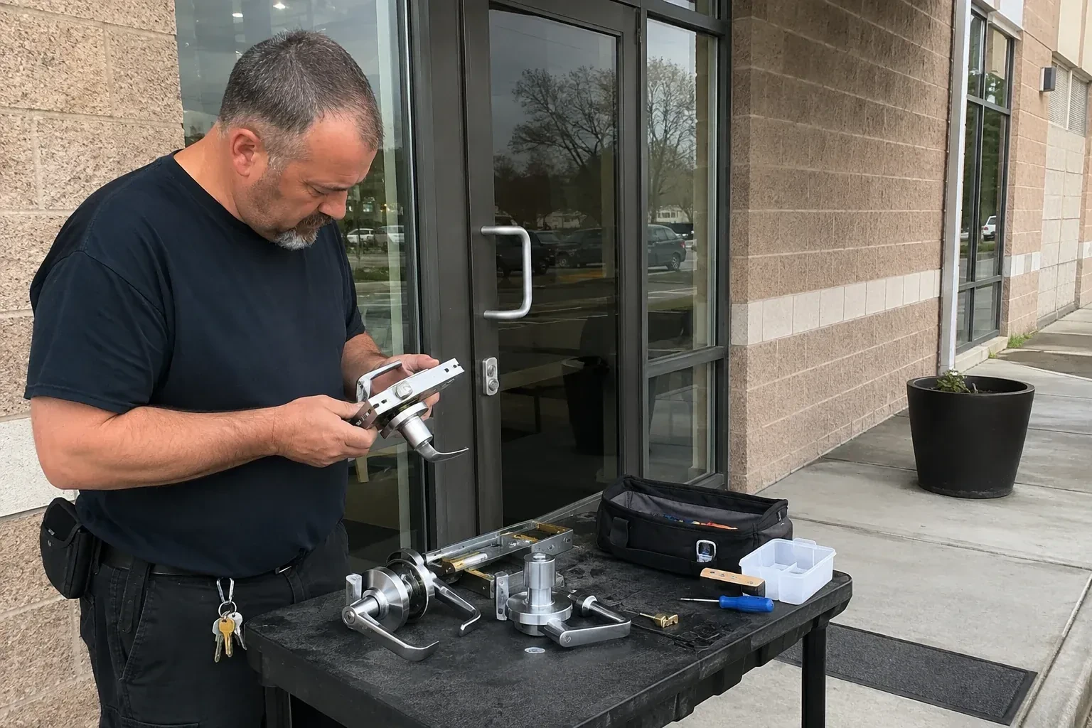 Person holding a door-handle and latch assembly at a worktable outside a glass entrance, with additional handles and tools laid out. — Commercial Rekeying, London