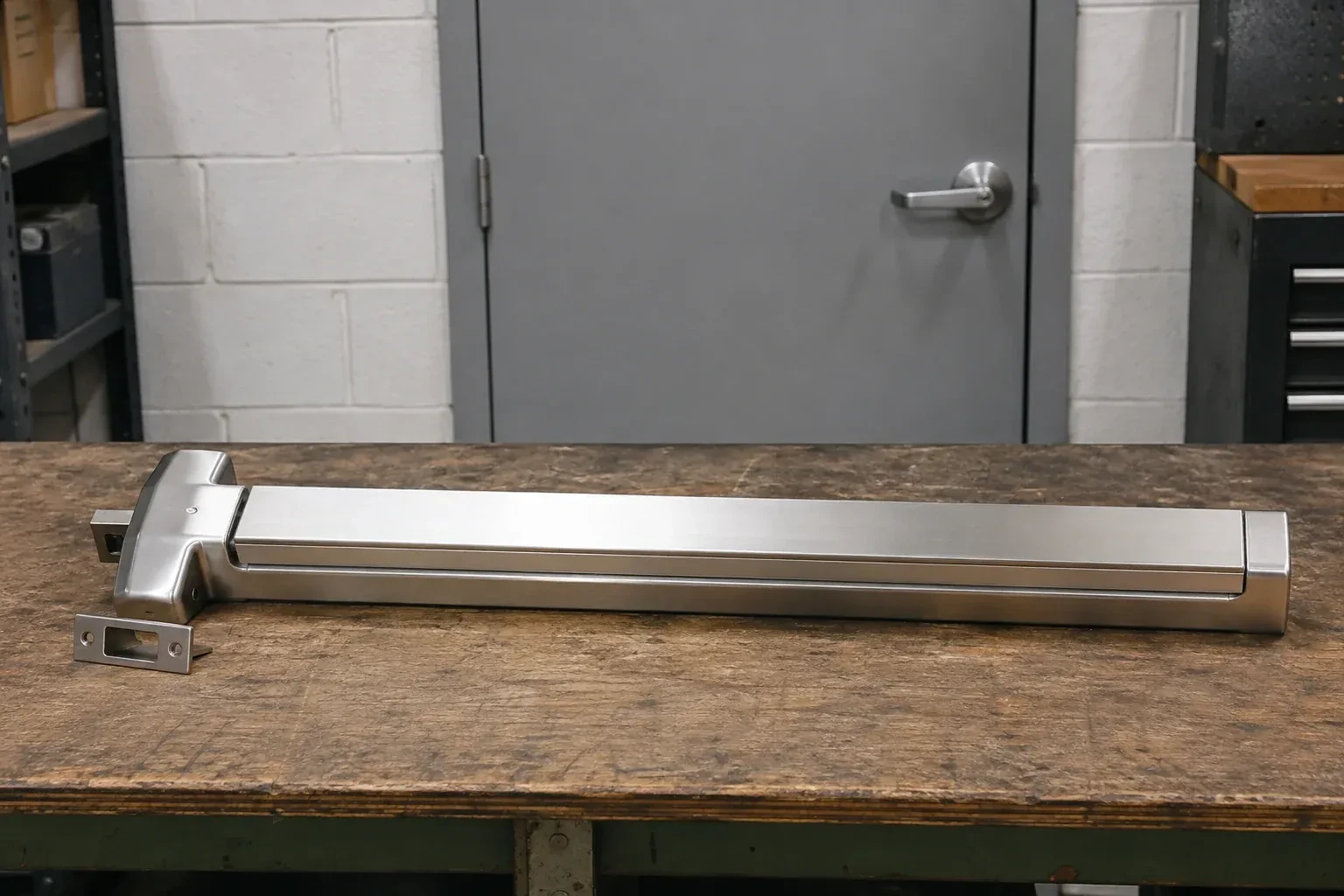 Detached horizontal exit device and separate strike component on a workshop bench. — Panic & Exit Hardware, London