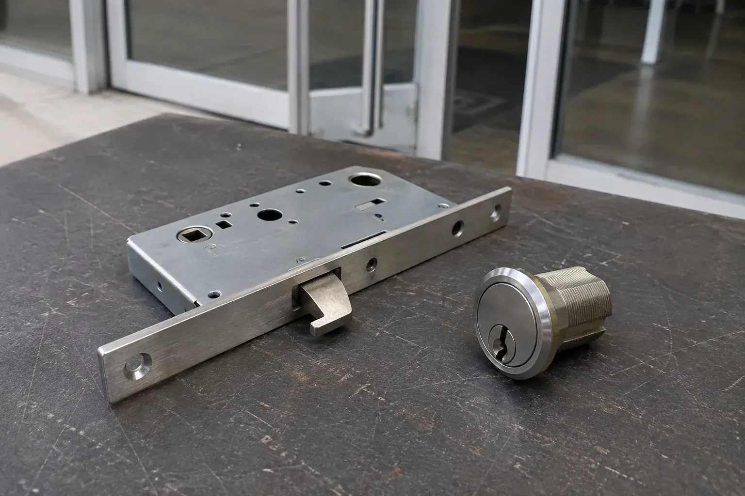 Detached mortise lock body with a projecting hook-shaped bolt beside a threaded cylinder. — Commercial-Grade Lock Replacement, London