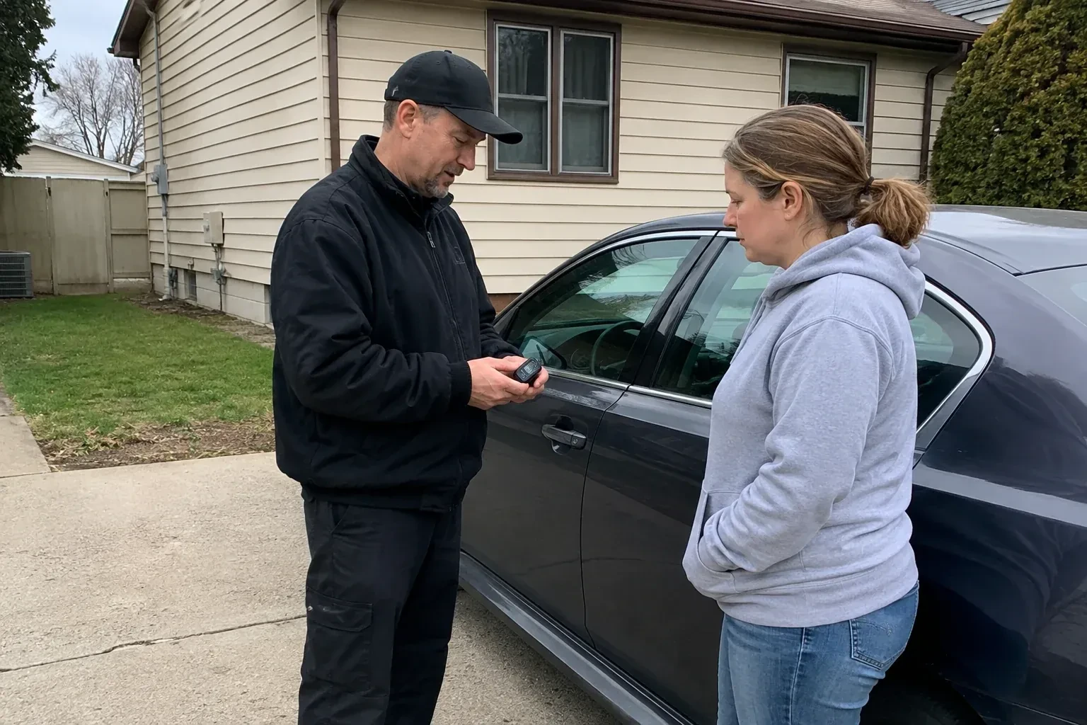 Two people standing beside a parked sedan, one wearing a cap and holding a small black device. — Vehicle Lock Repair, London