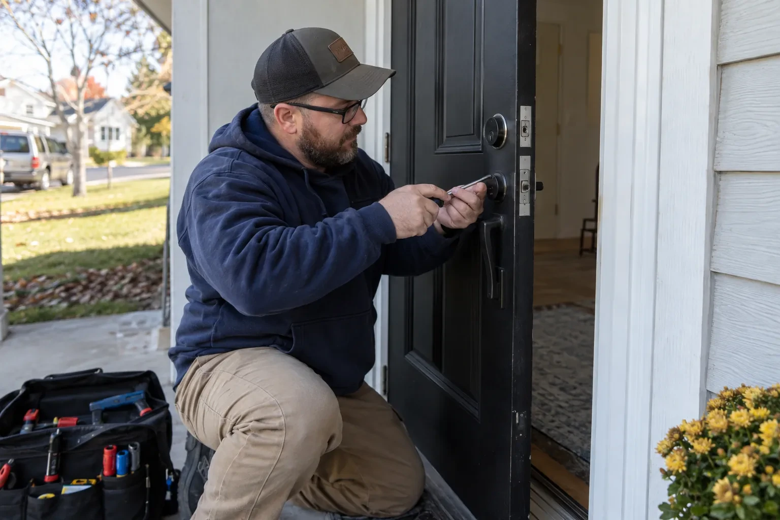 Kneeling technician using a small tool at the handle set of a black door, with an open tool bag and yellow flowers.