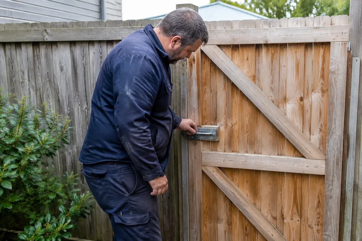Person touching the sliding metal bolt on a wooden garden gate. — Gate & Building Entry Locks, London