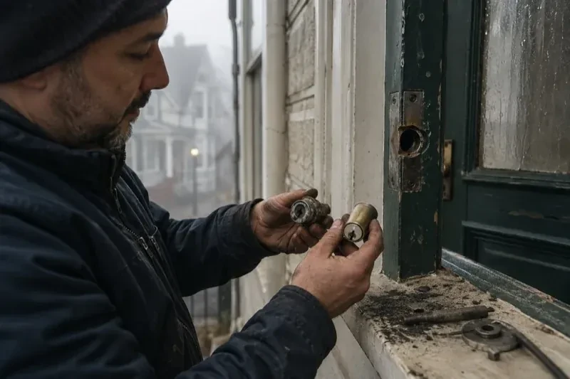 Person holding two lock cylinders beside an open painted door, with loose hardware and debris on the sill. — Seized & Jammed Lock Opening, London