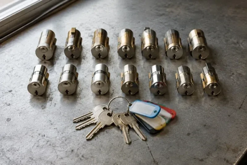 Two rows of lock cylinders on a metal surface with keys and colored key tags in front. — Master Key System Design, London