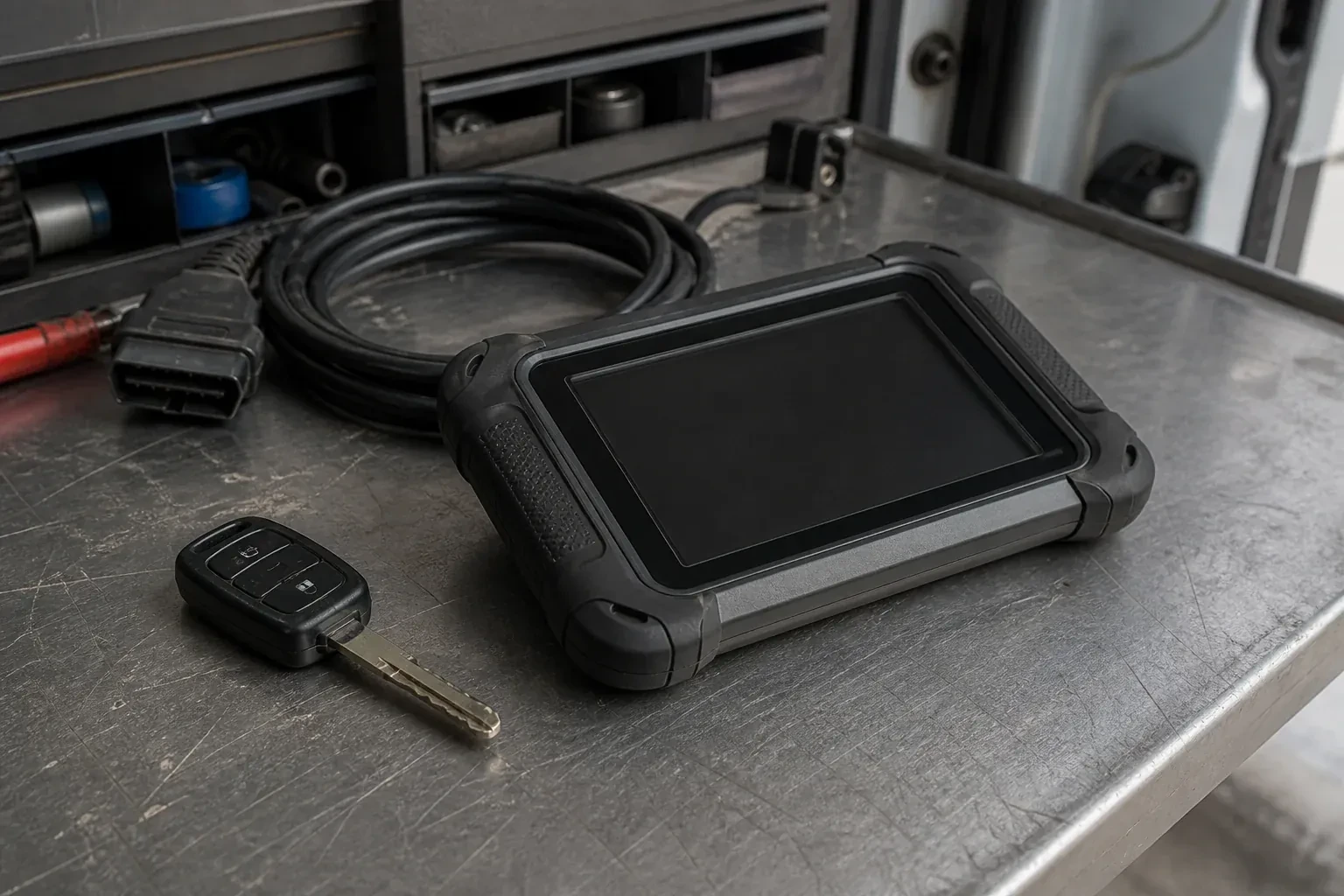 Vehicle key beside a dark diagnostic tablet and coiled connector cable on a workbench. — Transponder Key Programming, London